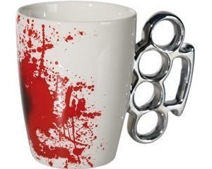 White ceramic mug with blood stains